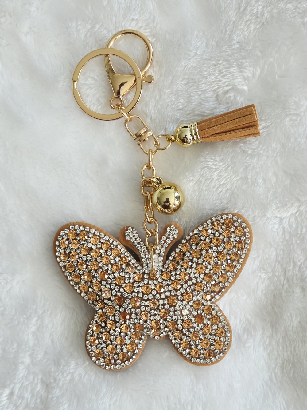 Gold Crystal Rhinestone Butterfly Keychain Tassel Bag Charm